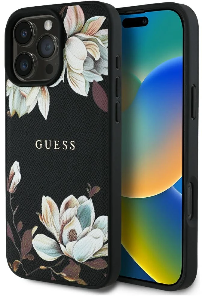 Guess Grained Printed Flower Pattern MagSafe - dėklas skirtas Apple iPhone 16 Pro juodas
