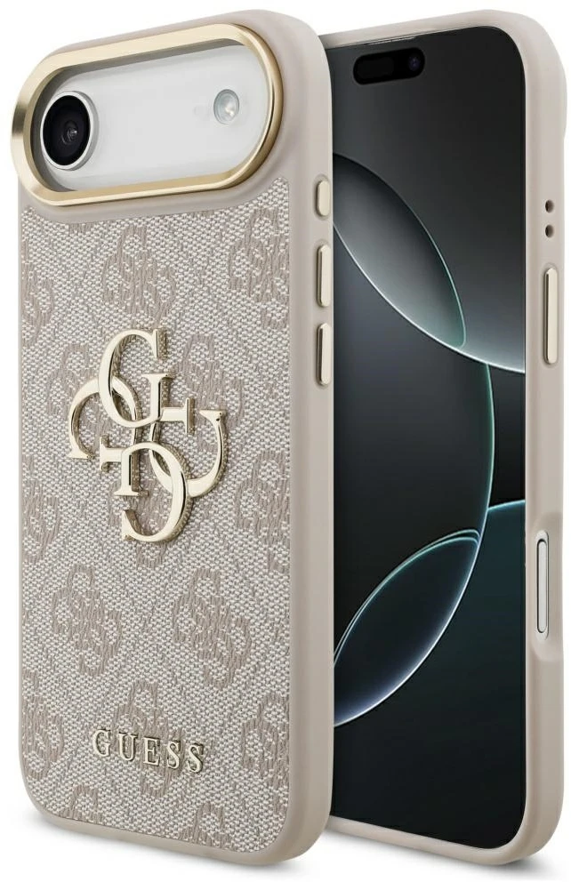 Guess PU Leather 4G Metal Logo Gold Frame dėklas skirtas Apple iPhone Air rožinės spalvos