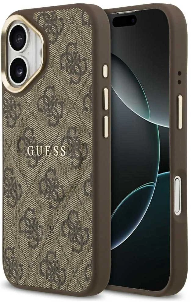 Guess PU Leather 4G Gold Frame MagSafe dėklas skirtas Apple iPhone 17 rudos spalvos