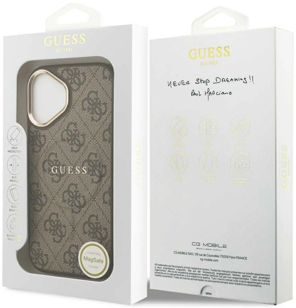 Guess PU Leather 4G Gold Frame MagSafe dėklas skirtas Apple iPhone 17 rudos spalvos