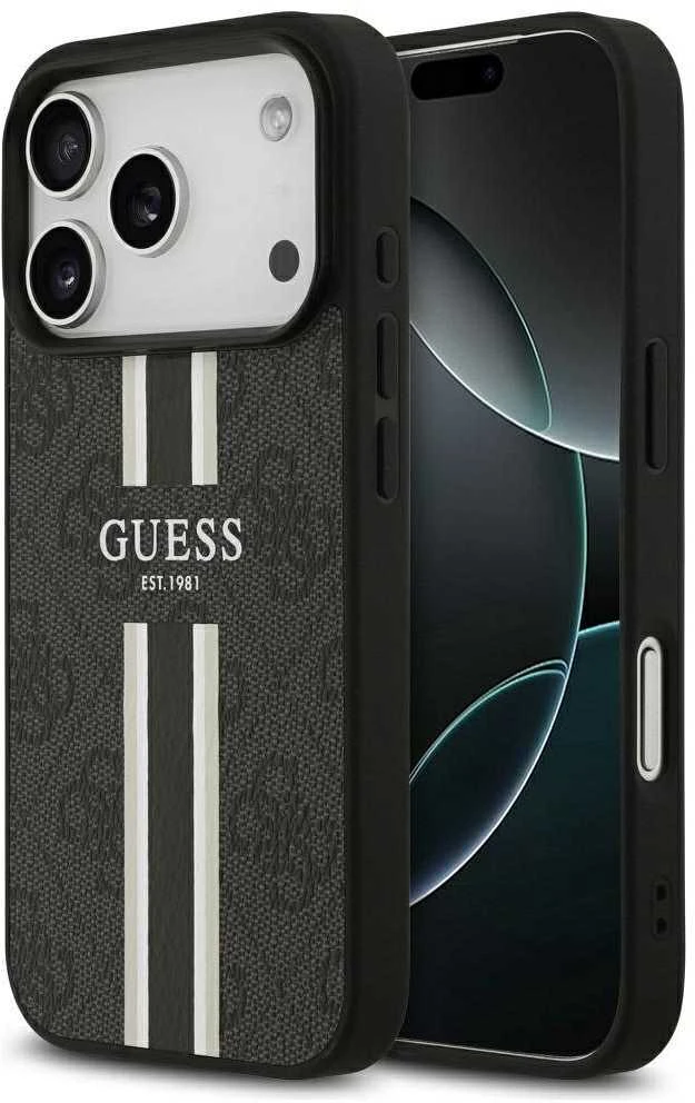 GUESS dėklas, skirtas IPHONE 17 Pro, suderinamas su MagSafe GUHMP17LP4RPSK (4G spausdintos juostelės), juodas