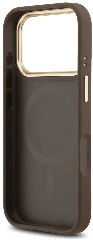 Guess PU Leather 4G Gold Frame MagSafe dėklas skirtas Apple iPhone 17 Pro rudos spalvos