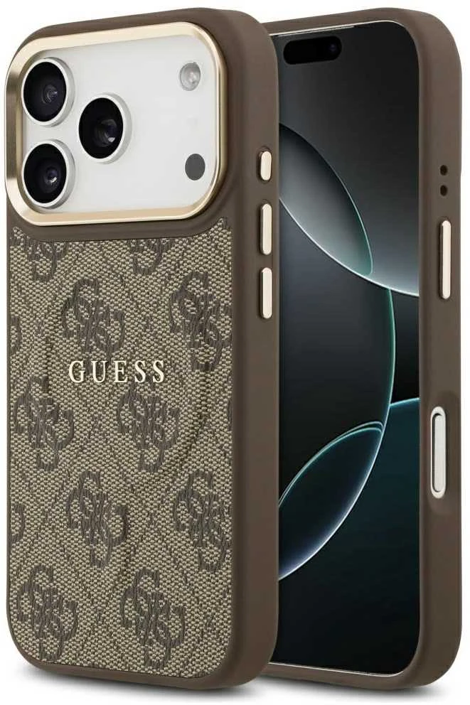 Guess PU Leather 4G Gold Frame MagSafe dėklas skirtas Apple iPhone 17 Pro rudos spalvos