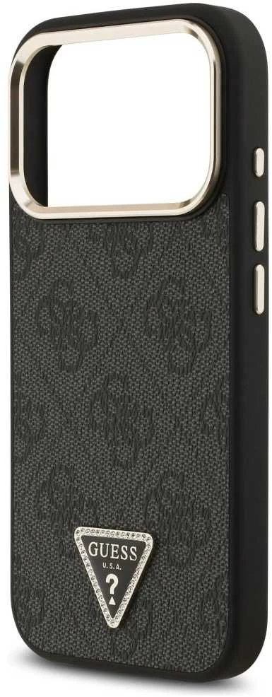 Guess PU Leather 4G Strass Triangle Logo Gold Frame MagSafe dėklas skirtas Apple iPhone 17 Pro juodos spalvos