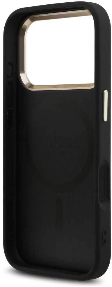 Guess PU Leather 4G Strass Triangle Logo Gold Frame MagSafe dėklas skirtas Apple iPhone 17 Pro juodos spalvos