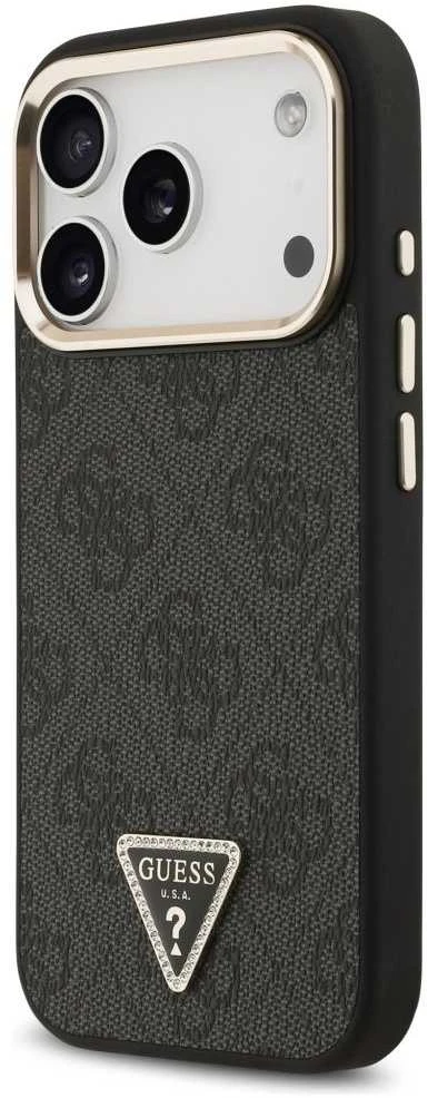 Guess PU Leather 4G Strass Triangle Logo Gold Frame MagSafe dėklas skirtas Apple iPhone 17 Pro juodos spalvos