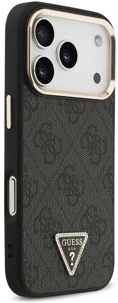 Guess PU Leather 4G Strass Triangle Logo Gold Frame MagSafe dėklas skirtas Apple iPhone 17 Pro juodos spalvos