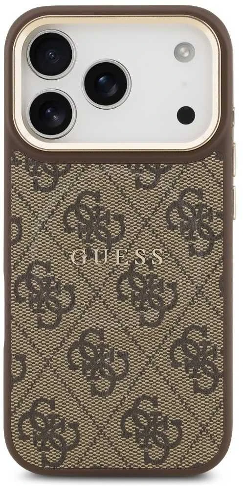 Guess PU Leather 4G Gold Frame MagSafe dėklas skirtas Apple iPhone 17 Pro rudos spalvos