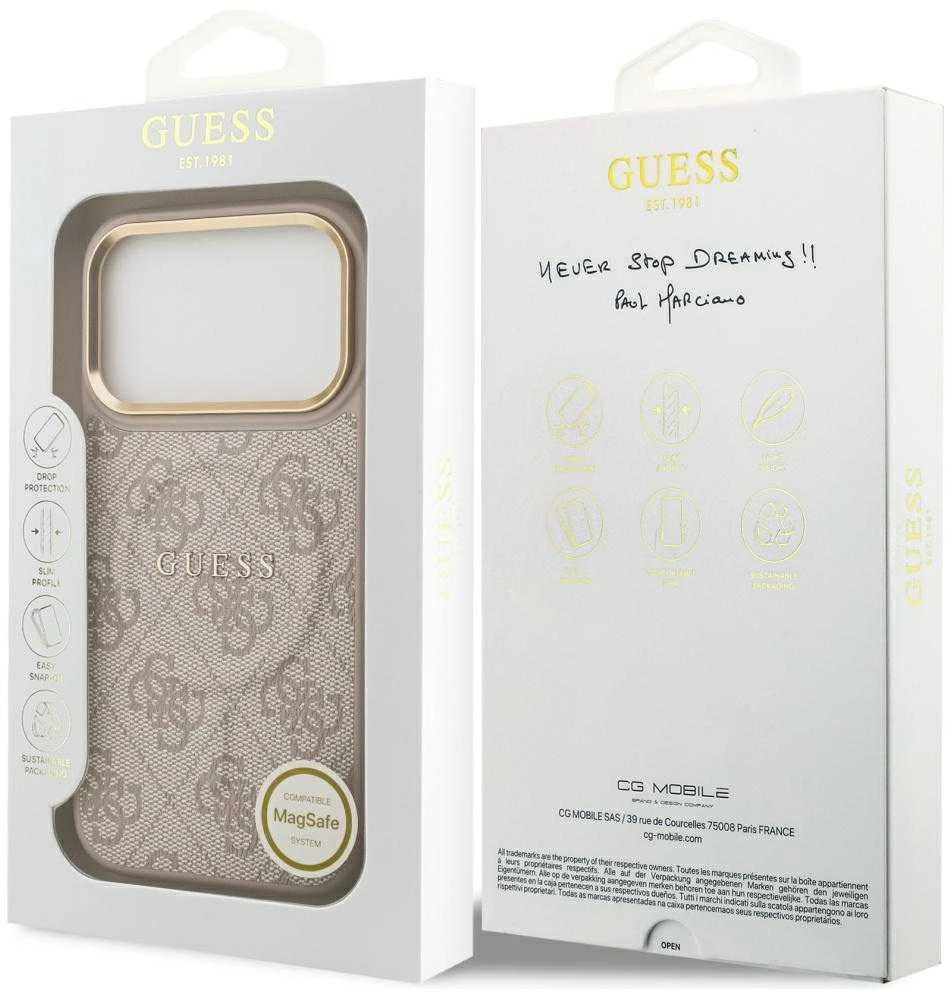 Guess PU odos 4G Gold Frame MagSafe dėklas skirtas iPhone 17 Pro rožinės spalvos