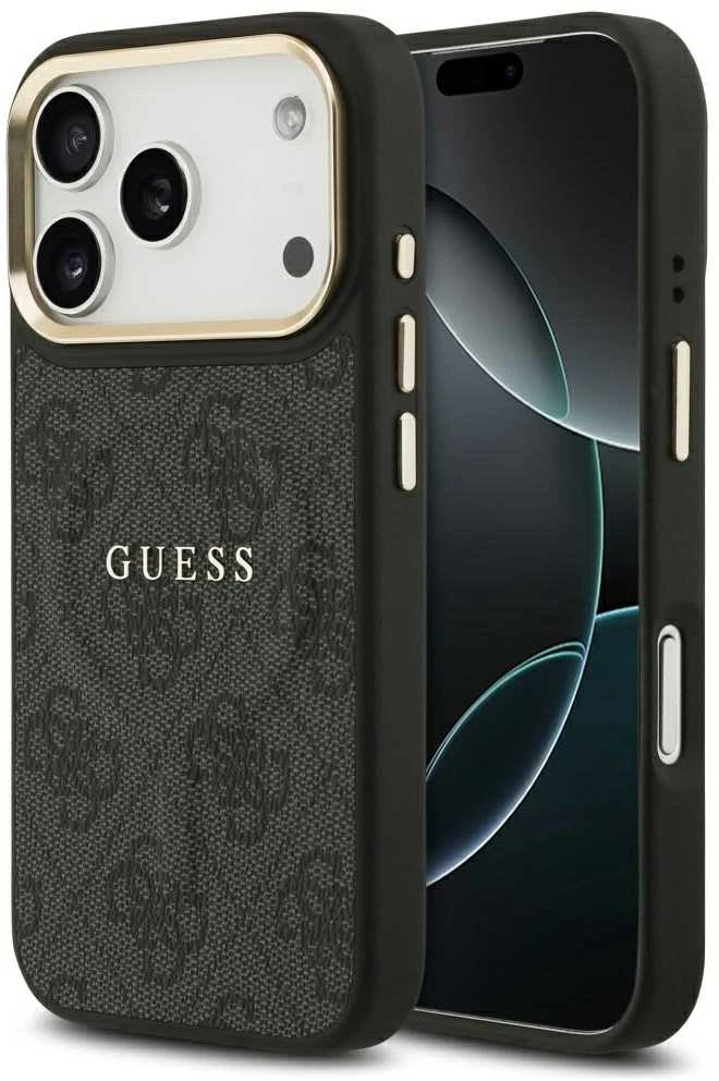 Guess PU Leather 4G Gold Frame MagSafe dėklas skirtas Apple iPhone 17 Pro juodos spalvos