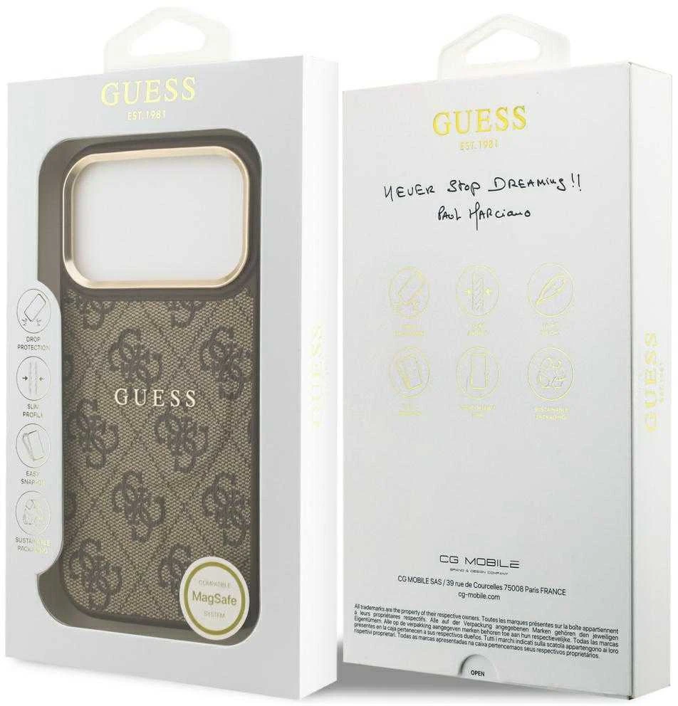 Guess PU Leather 4G Gold Frame MagSafe dėklas skirtas Apple iPhone 17 Pro rudos spalvos