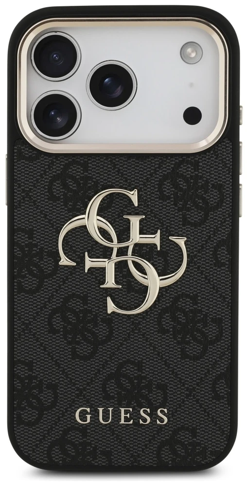 Guess PU Leather 4G Metal Logo Gold Frame dėklas skirtas Apple iPhone 17 Pro juodos spalvos