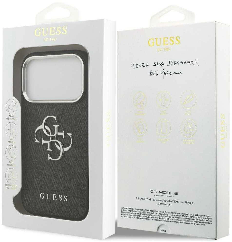 GUESS case for IPHONE 17 Pro GUHCP17LP4G4SMCK (4G PU Odinis dėklas with Big 4G and Classic Logo and Sidabrinis Metal Camera Frame) juodas