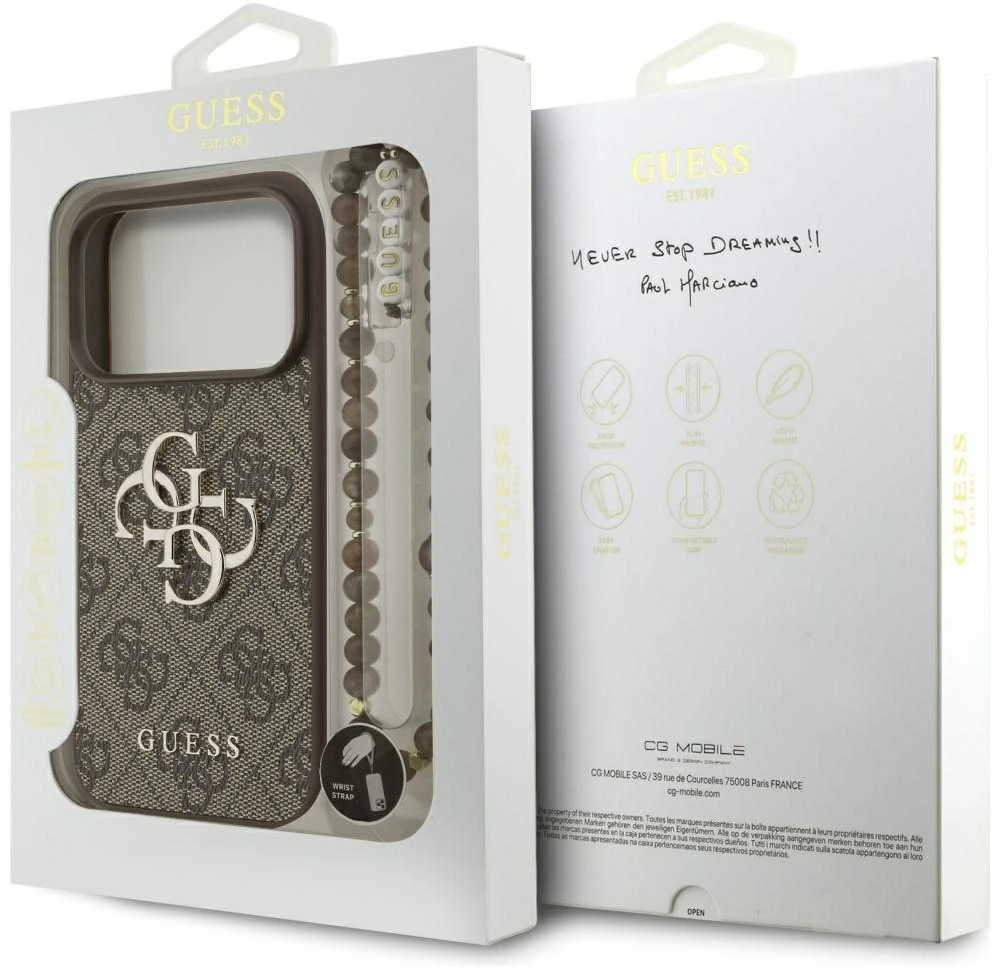 GUESS dėklas, skirtas IPHONE 17 Pro GUHCP17LP4GMGSW (PU su dirželiu 4G klasikinis logotipas) rudas
