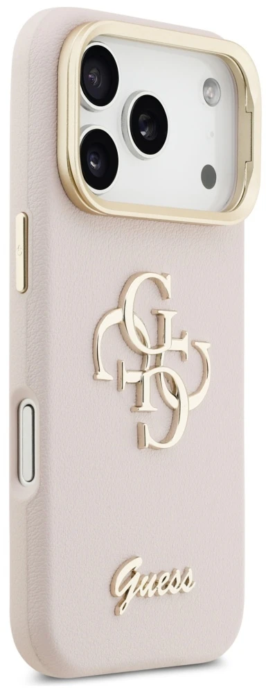 Guess PU Grained 4G Logo Stand Camera Frame dėklas skirtas iPhone 17 Pro rožinės spalvos