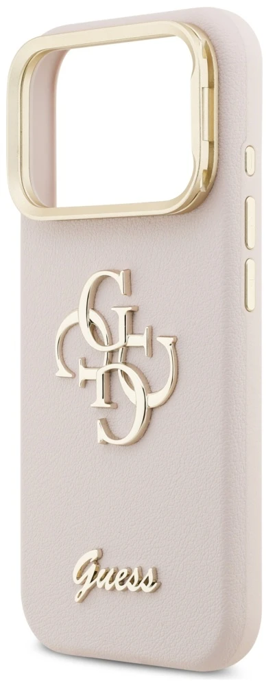 Guess PU Grained 4G Logo Stand Camera Frame dėklas skirtas iPhone 17 Pro rožinės spalvos