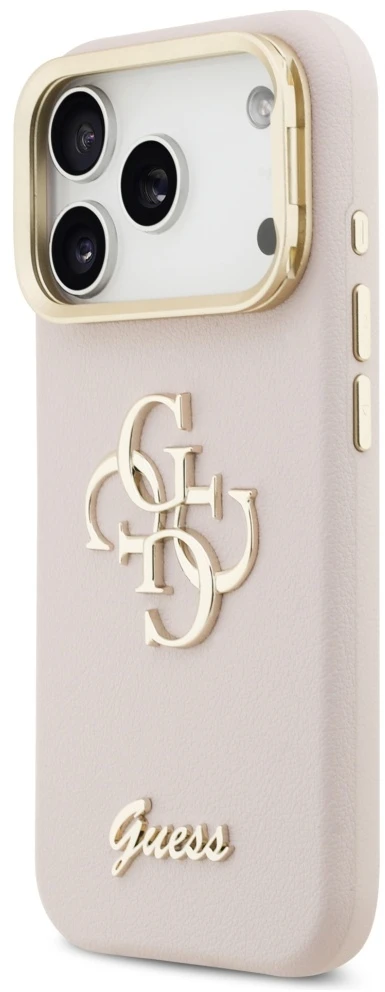 Guess PU Grained 4G Logo Stand Camera Frame dėklas skirtas iPhone 17 Pro rožinės spalvos