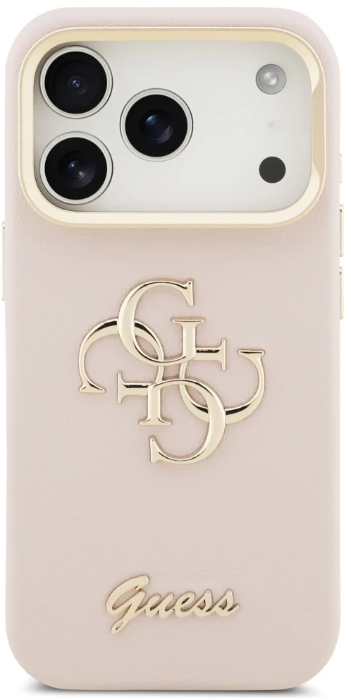 Guess PU Grained 4G Logo Stand Camera Frame dėklas skirtas iPhone 17 Pro rožinės spalvos