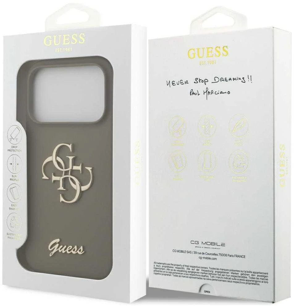Guess Silicone Big 4G Script dėklas iPhone 17 Pro rudos spalvos
