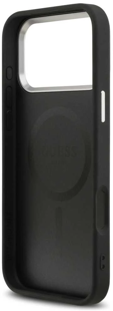 Guess PU odos dėklas su trikampiu logotipu ir MagSafe funkcija, skirtas iPhone 17 Pro Max, juodos spalvos