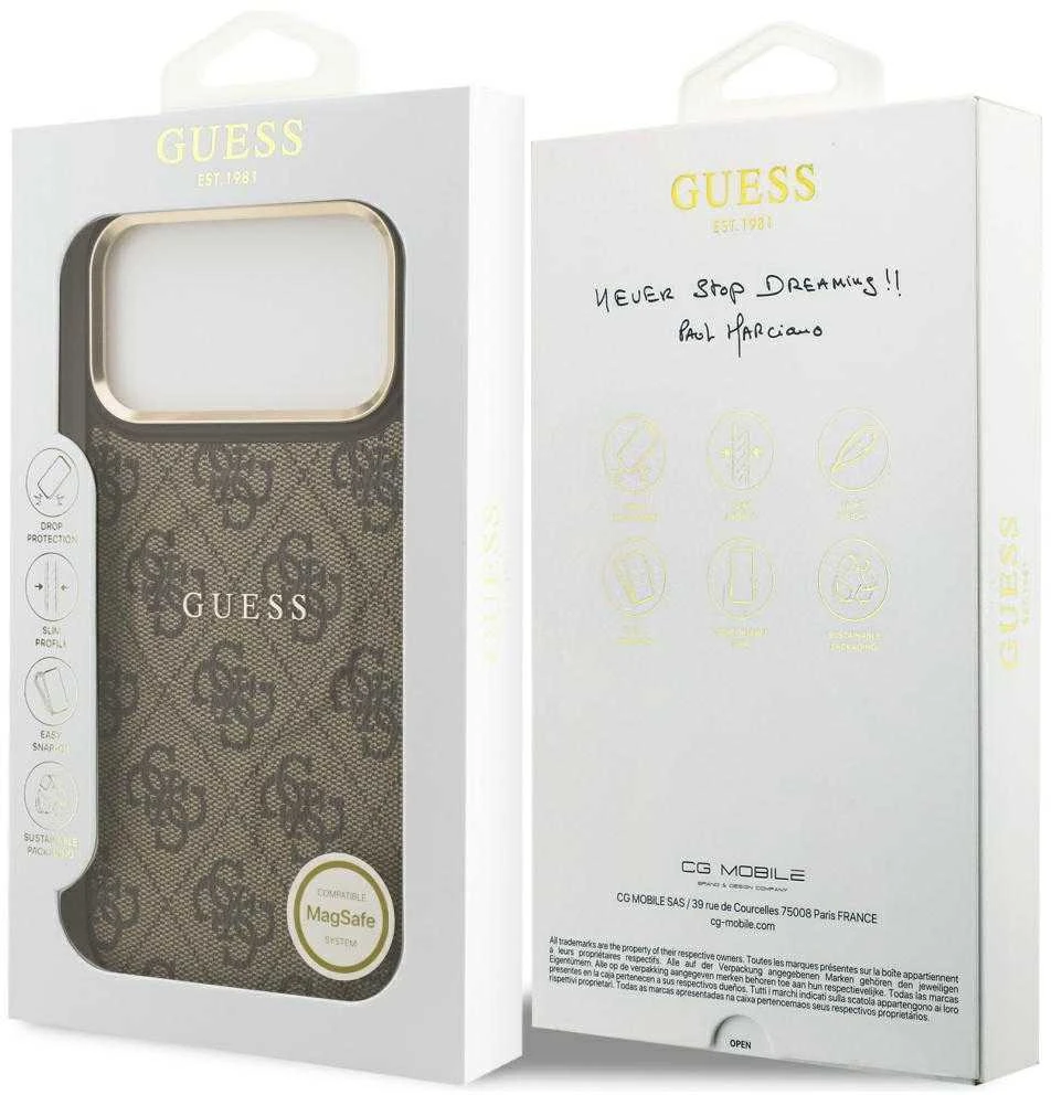 Guess PU Leather 4G Gold Frame MagSafe dėklas skirtas Apple iPhone 17 Pro Max rudos spalvos