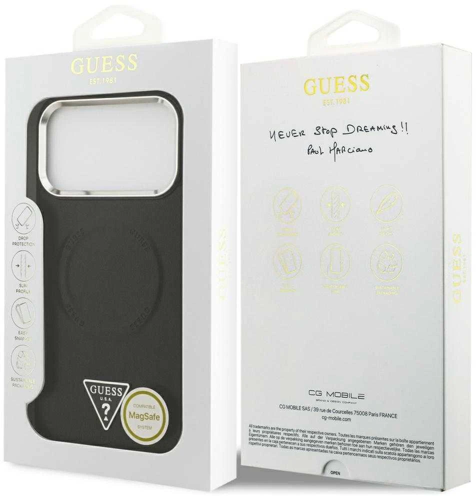 Guess PU odos dėklas su trikampiu logotipu ir MagSafe funkcija, skirtas iPhone 17 Pro Max, juodos spalvos