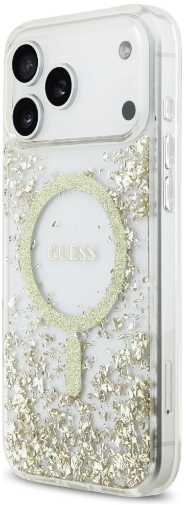 Guess Resin Bottom Glitter MagSafe dėklas Apple iPhone 17 Pro Max aukso spalvos