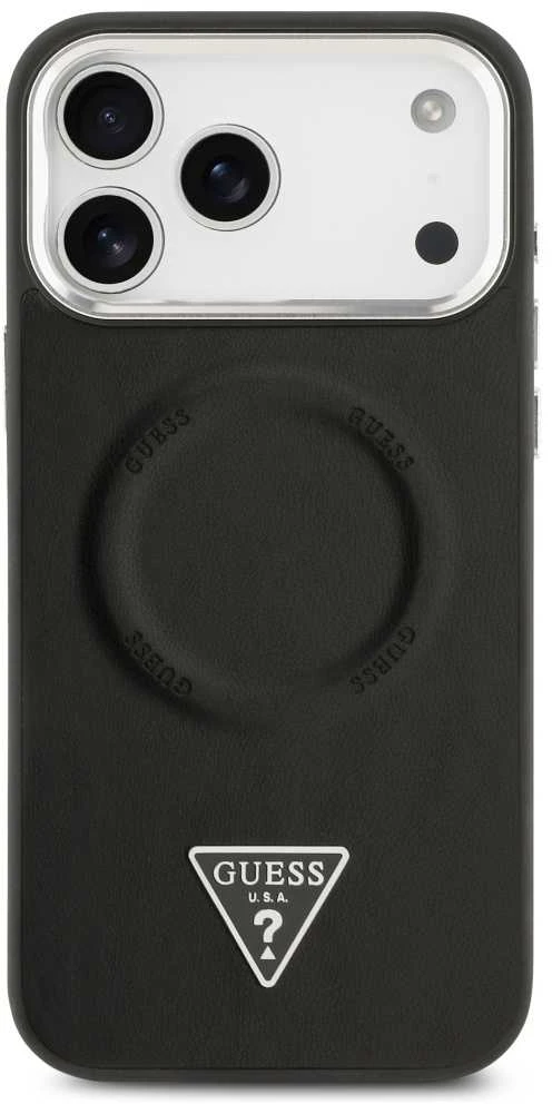 Guess PU odos dėklas su trikampiu logotipu ir MagSafe funkcija, skirtas iPhone 17 Pro Max, juodos spalvos