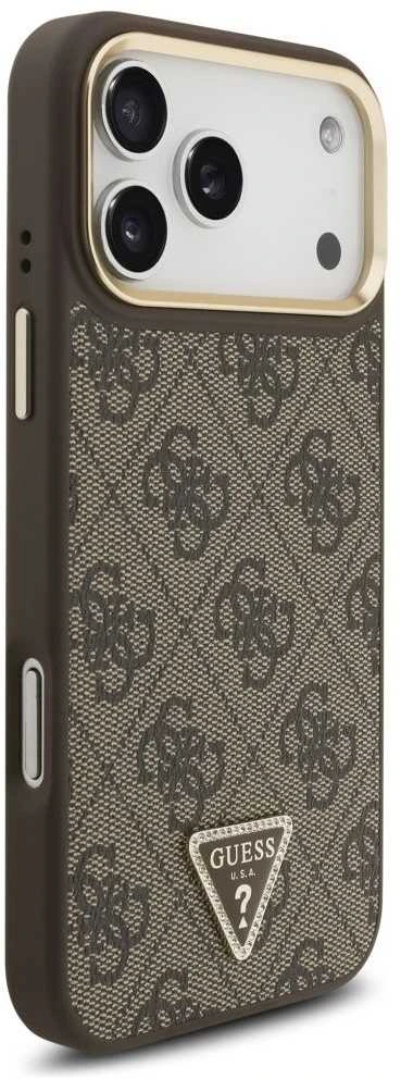 Guess PU Leather 4G Strass Triangle Logo Gold Frame MagSafe dėklas skirtas Apple iPhone 17 Pro Max rudos spalvos