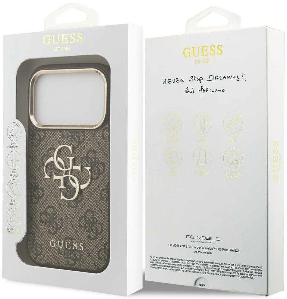 Guess PU Leather 4G Metal Logo aukso spalvos Frame dėklas skirtas Apple iPhone 17 Pro Max rudos spalvos