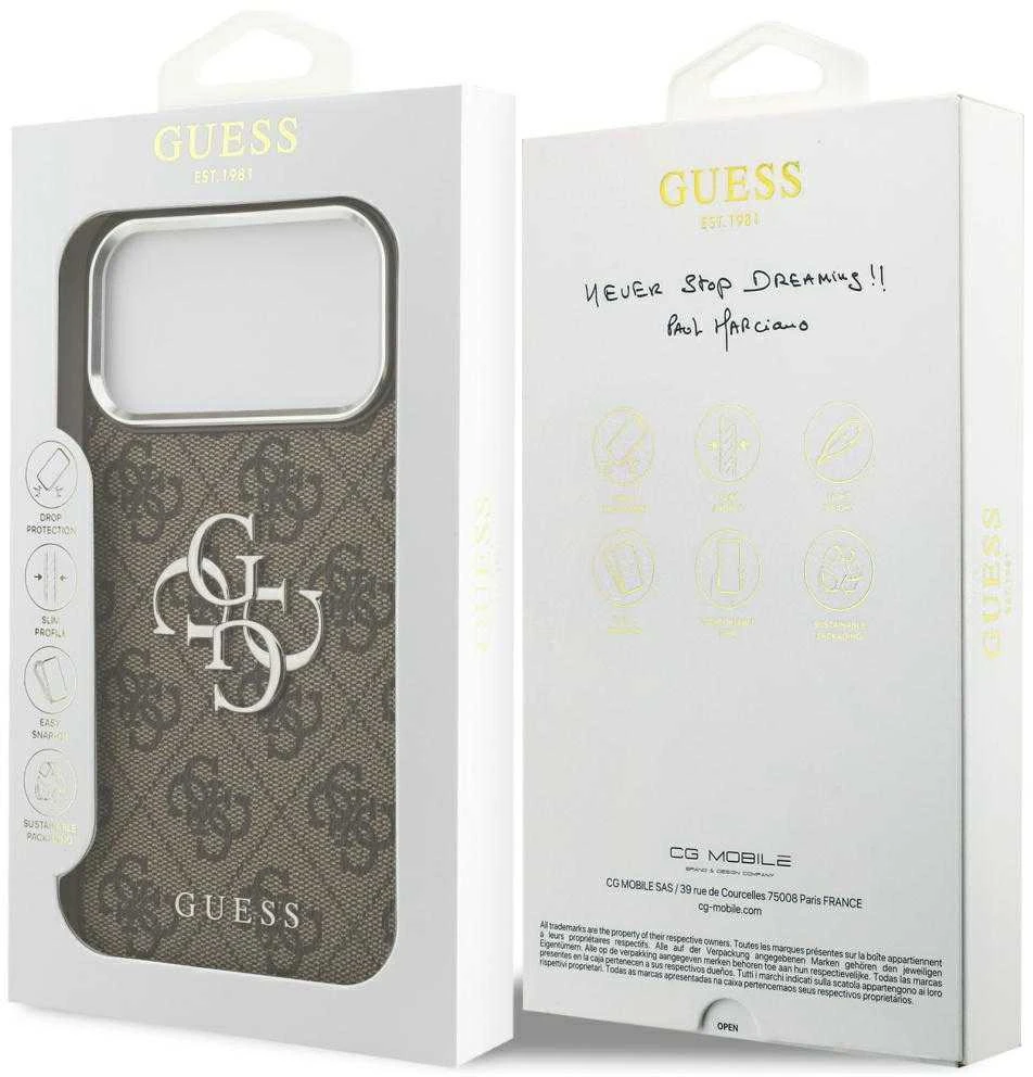 Dėklas Guess 4G Big 4G Classic Logo skirtas Apple iPhone 17 Pro Max rudos spalvos sidabro spalvos