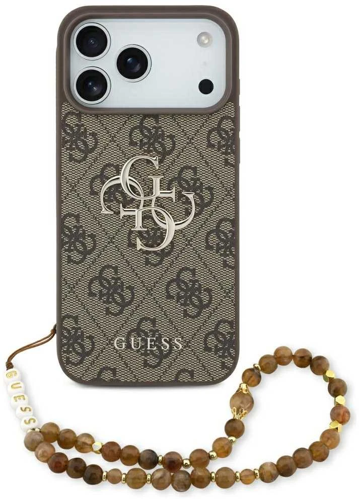 GUESS dėklas, skirtas IPHONE 17 Pro Max GUHCP17XP4GMGSW (PU su dirželiu 4G klasikinis logotipas) rudas