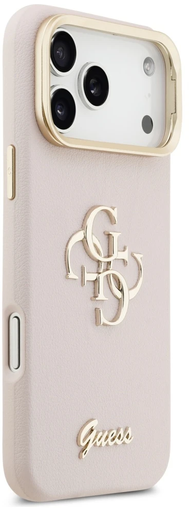 Guess PU Grained 4G Logo Stand Camera Frame dėklas skirtas Apple iPhone 17 Pro Max rožinės spalvos