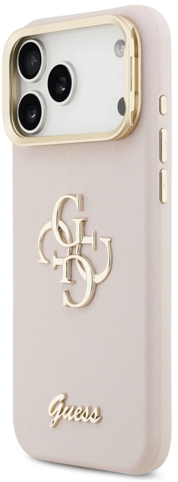 Guess PU Grained 4G Logo Stand Camera Frame dėklas skirtas Apple iPhone 17 Pro Max rožinės spalvos