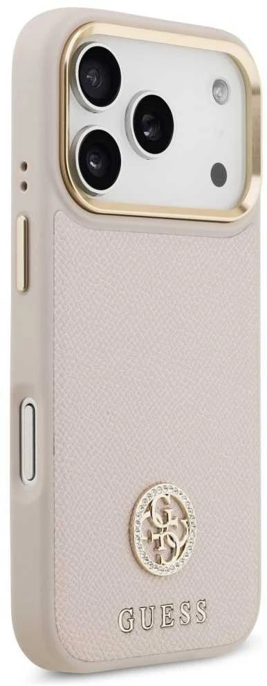GUESS dėklas, skirtas IPHONE 17 Pro, suderinamas su „MagSafe“ GUHMP17LPGCRMDEP (PU su grūdėtu juodu logotipu), rožinis