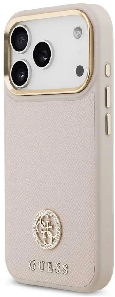 GUESS dėklas, skirtas IPHONE 17 Pro, suderinamas su „MagSafe“ GUHMP17LPGCRMDEP (PU su grūdėtu juodu logotipu), rožinis