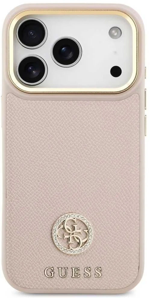 GUESS dėklas, skirtas IPHONE 17 Pro, suderinamas su „MagSafe“ GUHMP17LPGCRMDEP (PU su grūdėtu juodu logotipu), rožinis