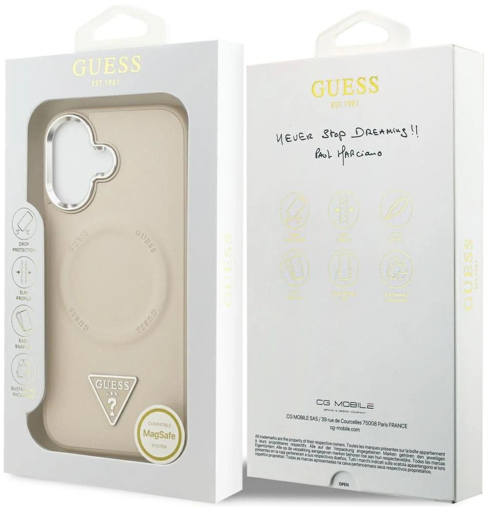 Guess Triangle Logo MagSafe Dėklas skirtas iPhone 17 rusvai gelsvas