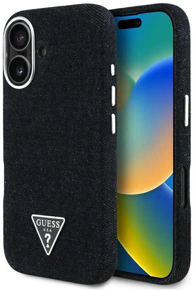Guess Denim Triangle Logo MagSafe dėklas iPhone 16 - juodas