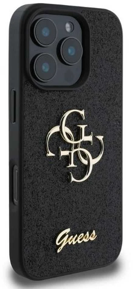 Guess PU Fixed Glitter 4G Metal Logo Apple iPhone 16 Pro dėklas telefonui juodos spalvos
