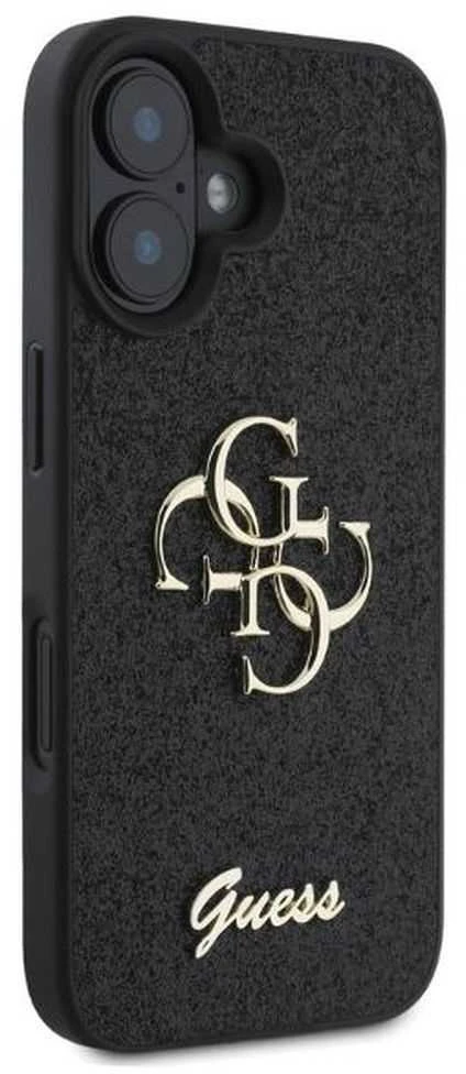 Guess PU Fixed Glitter 4G Metal Logo dėklas skirtas Apple iPhone 16 juodos spalvos