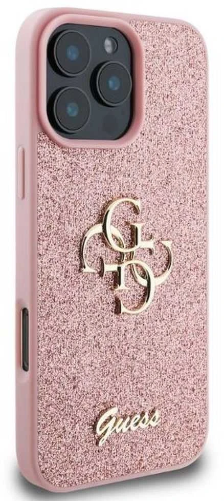 Guess PU Fixed Glitter 4G Metal Logo Apple iPhone 16 Pro Max dėklas telefonui rožinės spalvos
