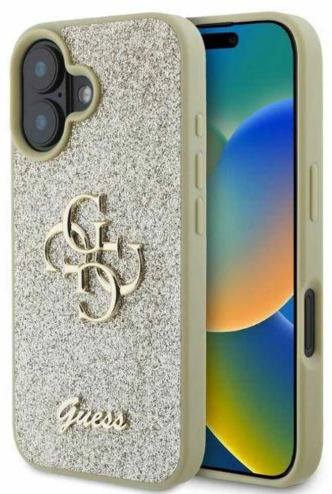 Guess GUHCP16SHG4SGD Apple iPhone 16 6.1″ auksinis kietas dėklas Fixed Glitter Big 4G