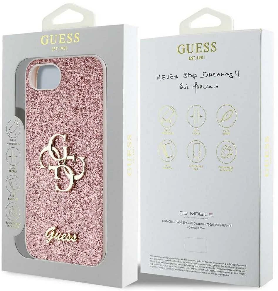 Guess PU Fixed Glitter 4G Metal Logo Apple iPhone 16e dėklas telefonui rožinės spalvos