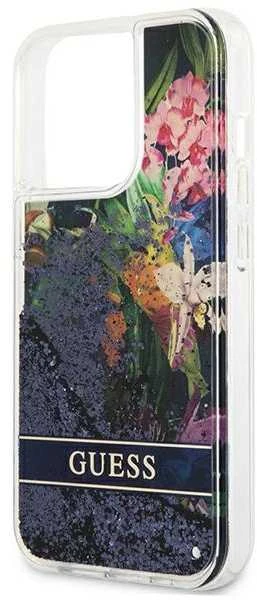 Guess Flower Liquid Glitter dėklas iPhone 13 Pro Max - mėlynas
