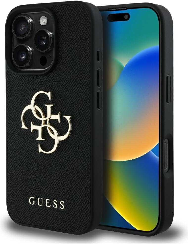 Dėklas Guess PU Grained 4G Metal Logo dėkals tavo Apple iPhone 16 Pro juodos spalvos