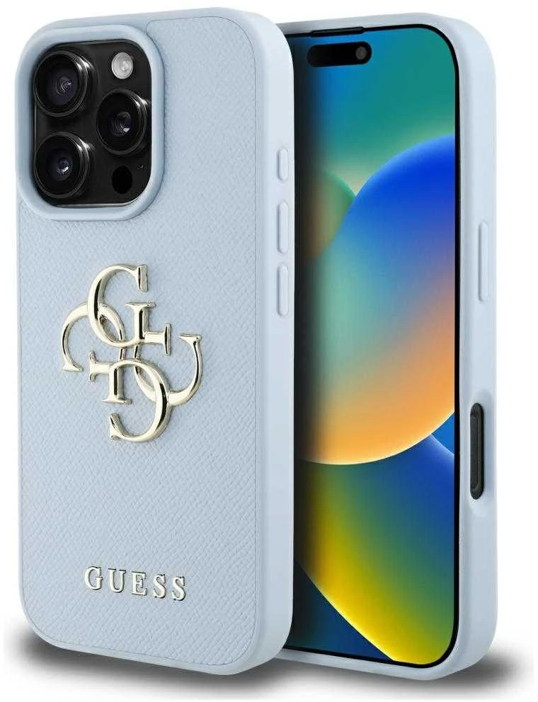 Guess Grained Big 4G Logo Small Classic Logo Apple iPhone 16 Pro dėklas telefonui mėlynos spalvos