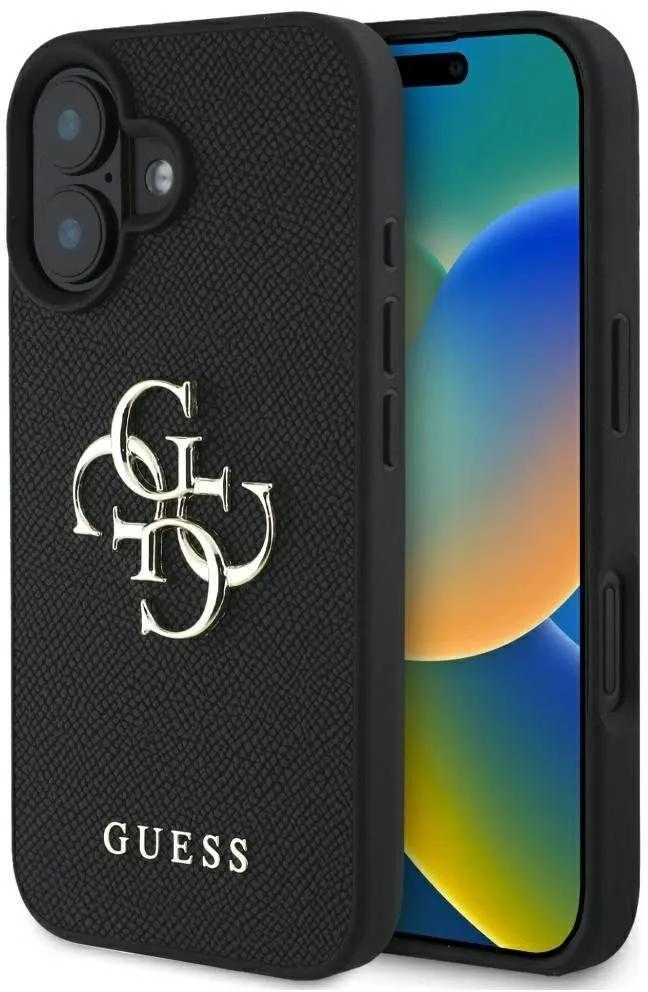 Guess Grained Big 4G Logo Small Classic Logo Apple iPhone 16 dėklas telefonui juodos spalvos