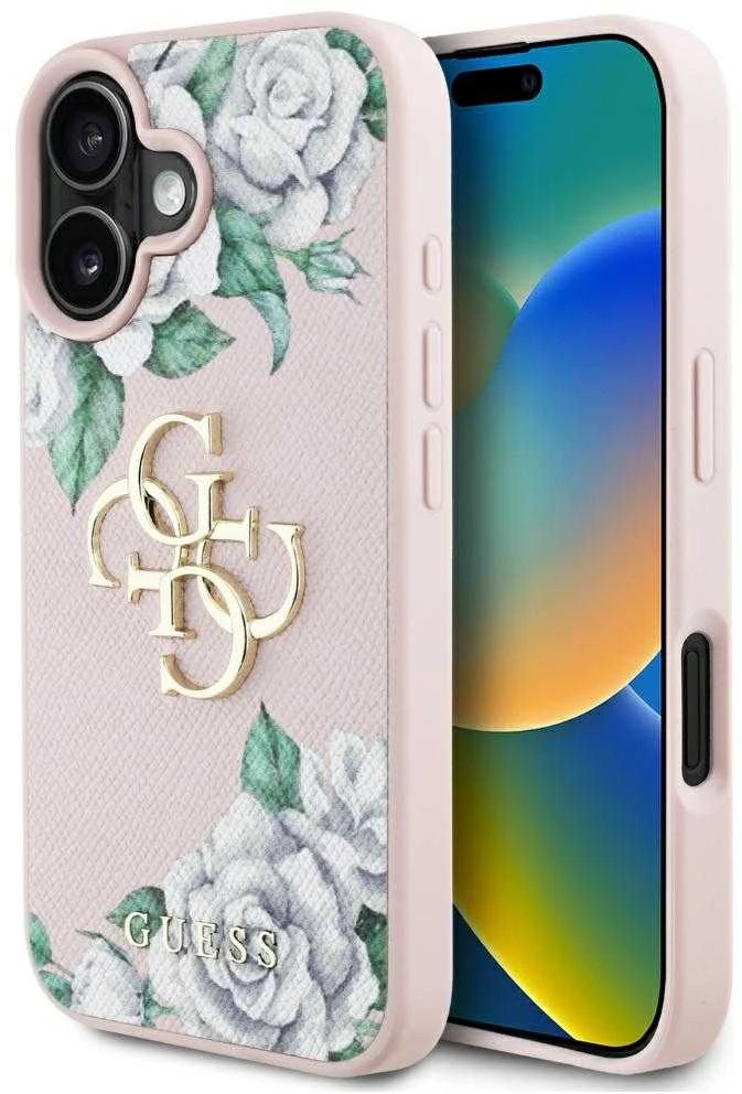 Dėklas Guess Grained Roses Big 4G logo Apple iPhone 16 rožinės spalvos