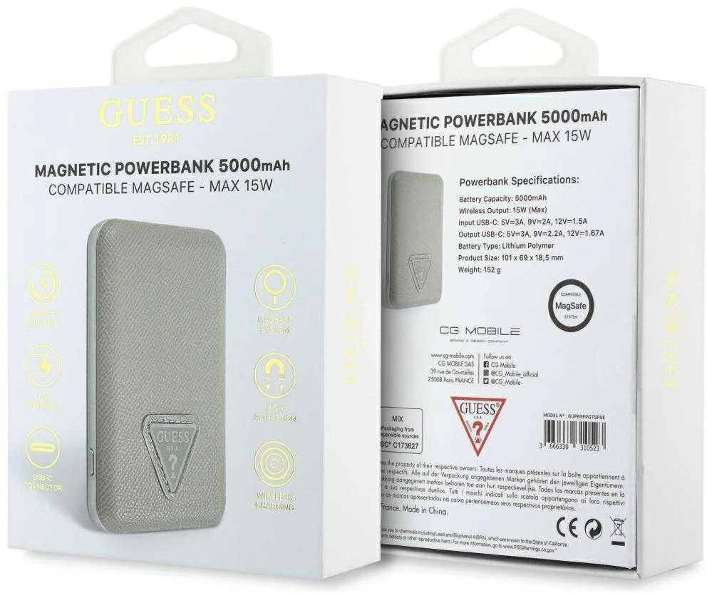 „Guess“ grūdėto trikampio formos išorinė baterija su „MagSafe“ 5000mAh 15W USB-C - rusvai gelsvas